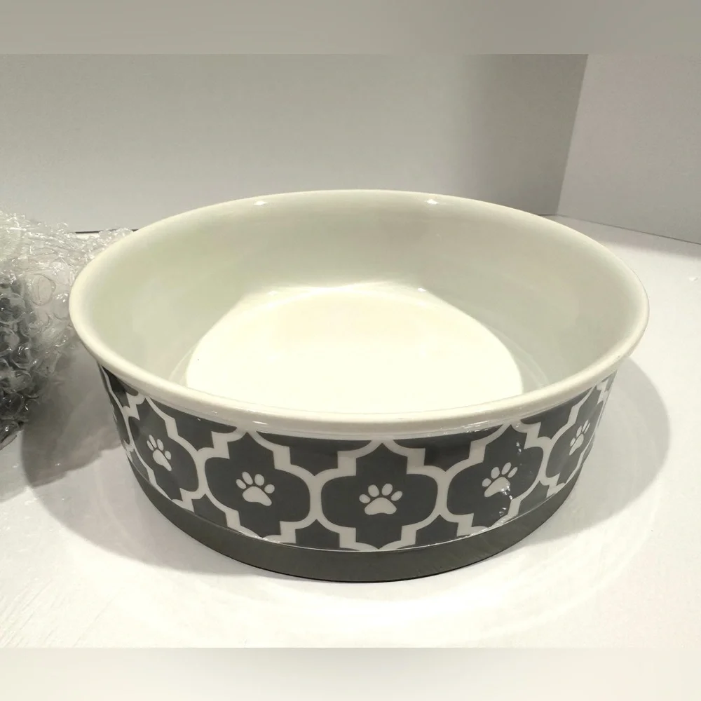 Pet Food Dish Bowls Set of 2 Water Grey Gray Ceramic Cats Dogs Paw Prints Medium